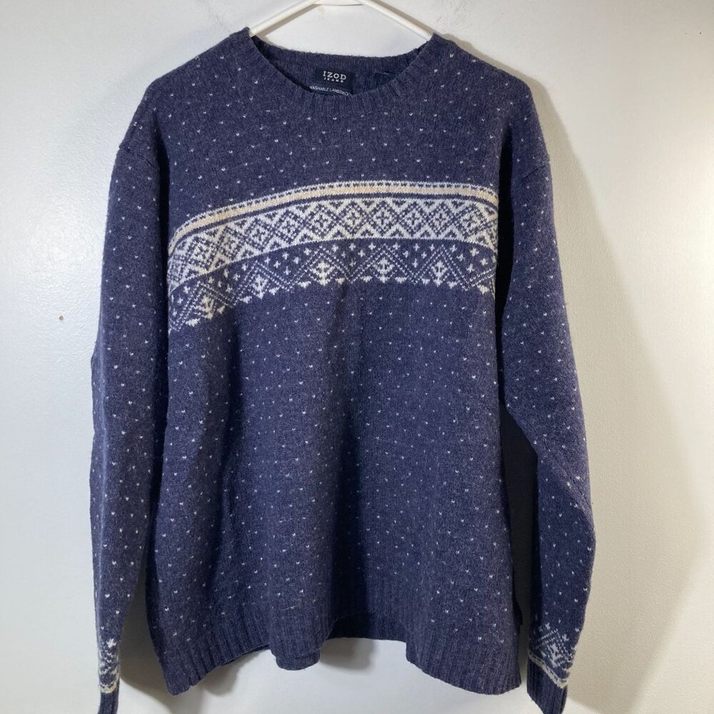 Mens Izod‎ Jeans Fair Isle Lambswool Sweater Blue White XL Washable Lambswool